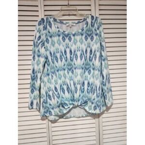 Rose & Olive Women's Blue White Print Long Sleeve Knot Front Top M
